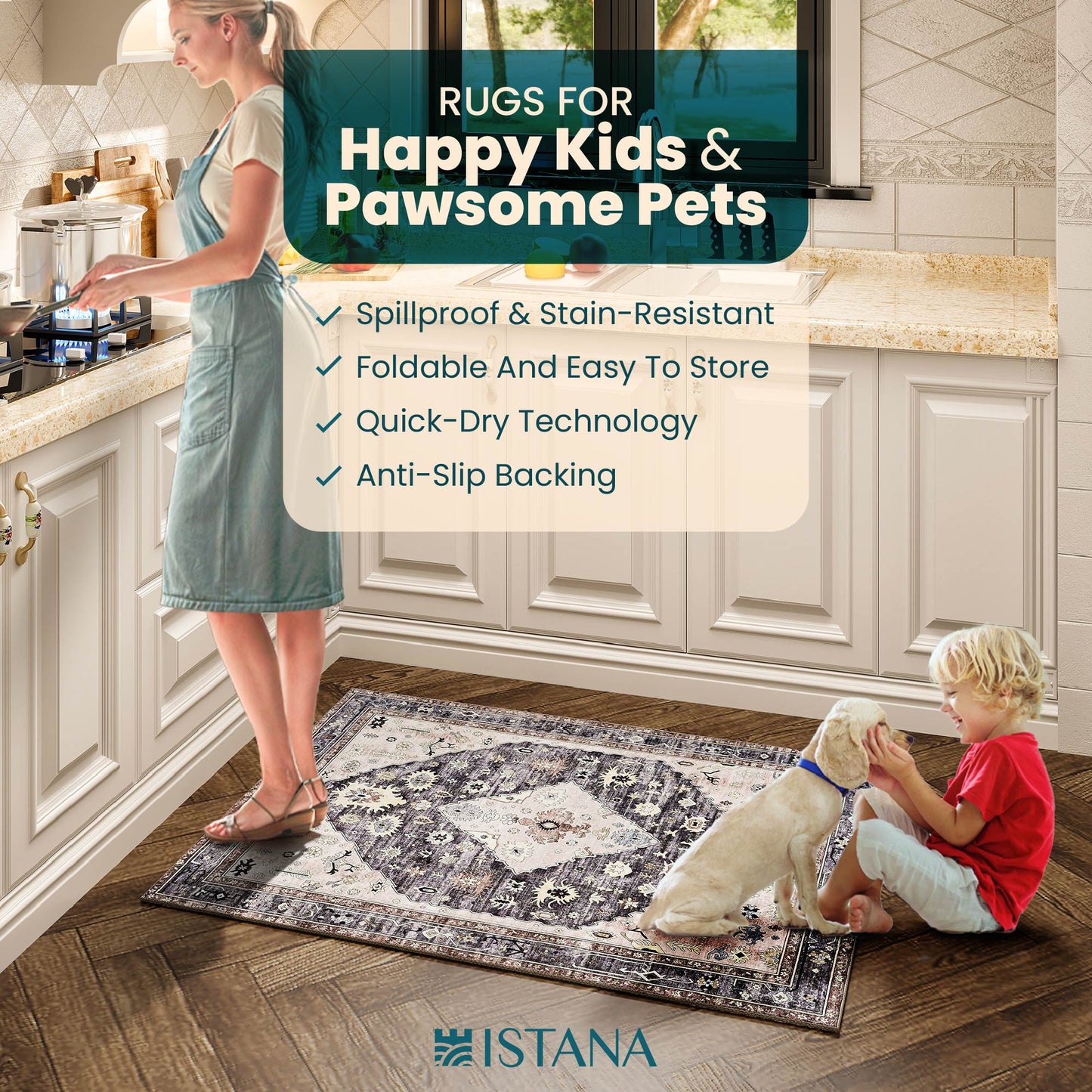 2x3 Rug - Grey Beige Bedroom Rug - Kid & Pet Friendly 2x3 Washable Rug Non Slip