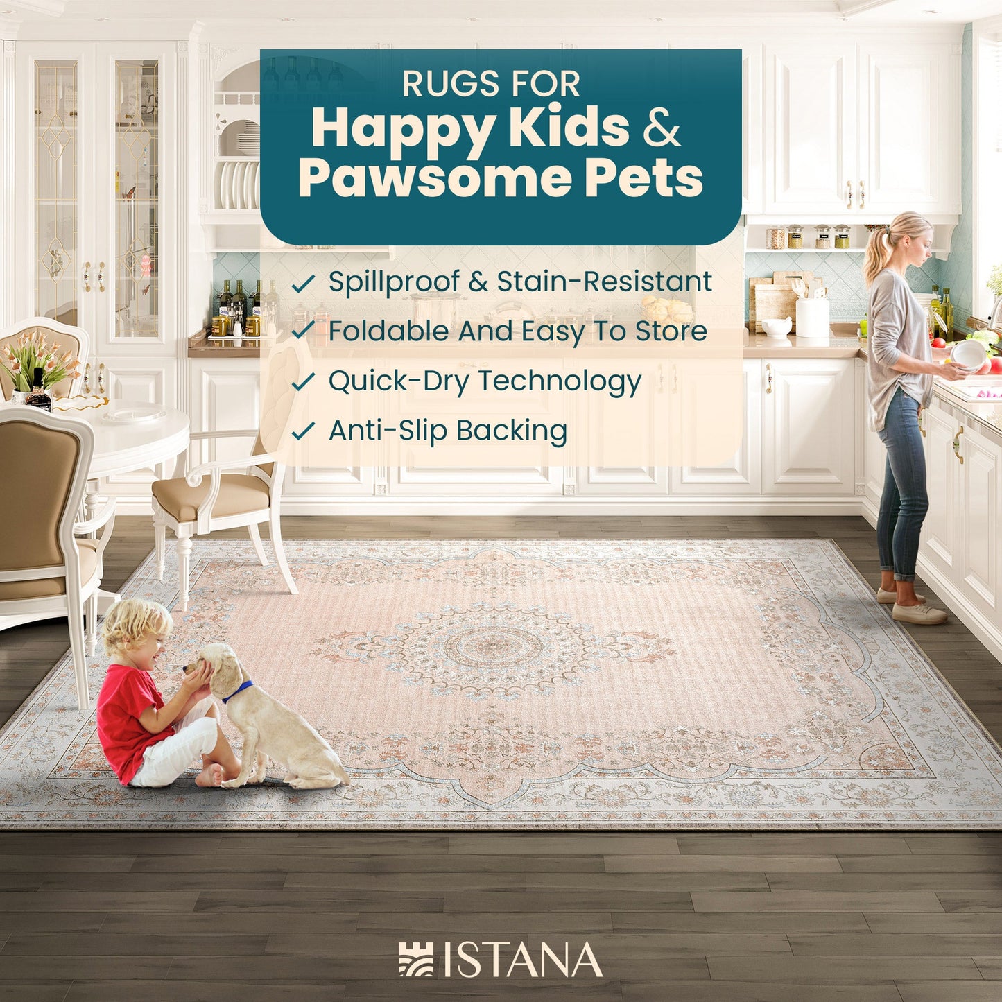Istana Bedroom Rugs 9x12 - Beige Area Rugs - Foldable Big Rugs for Living Room