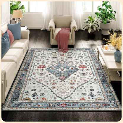 Istana Rugs 5x7 - Cream Blue Area Rug - Foldable 5x7 Area Rugs Non Slip