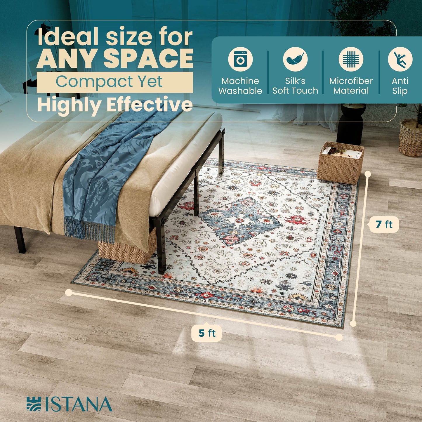 Istana Rugs 5x7 - Cream Blue Area Rug - Foldable 5x7 Area Rugs Non Slip