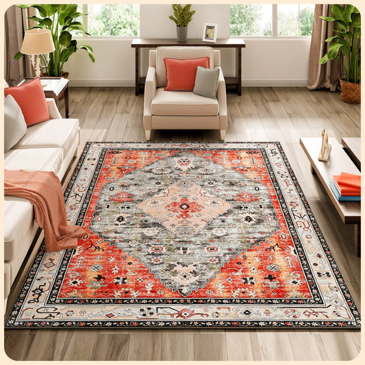 Istana Rugs for Living Room - Red & Teal Area Rug 5x7 - Kid & Pet Friendly