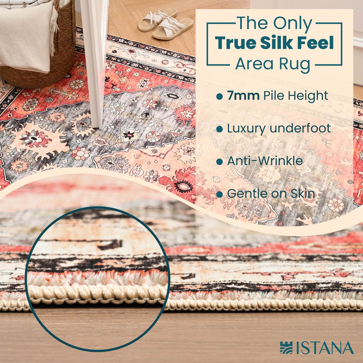 Istana Rugs for Living Room - Red & Teal Area Rug 5x7 - Kid & Pet Friendly