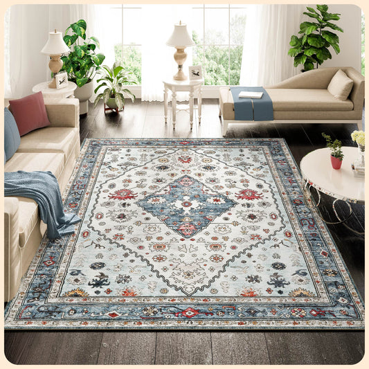 Istana Rugs 8x10 - Cream Blue Area Rug - Foldable Bedroom Area Rugs 8x10