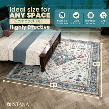 Istana Rugs 8x10 - Cream Blue Area Rug - Foldable Bedroom Area Rugs 8x10