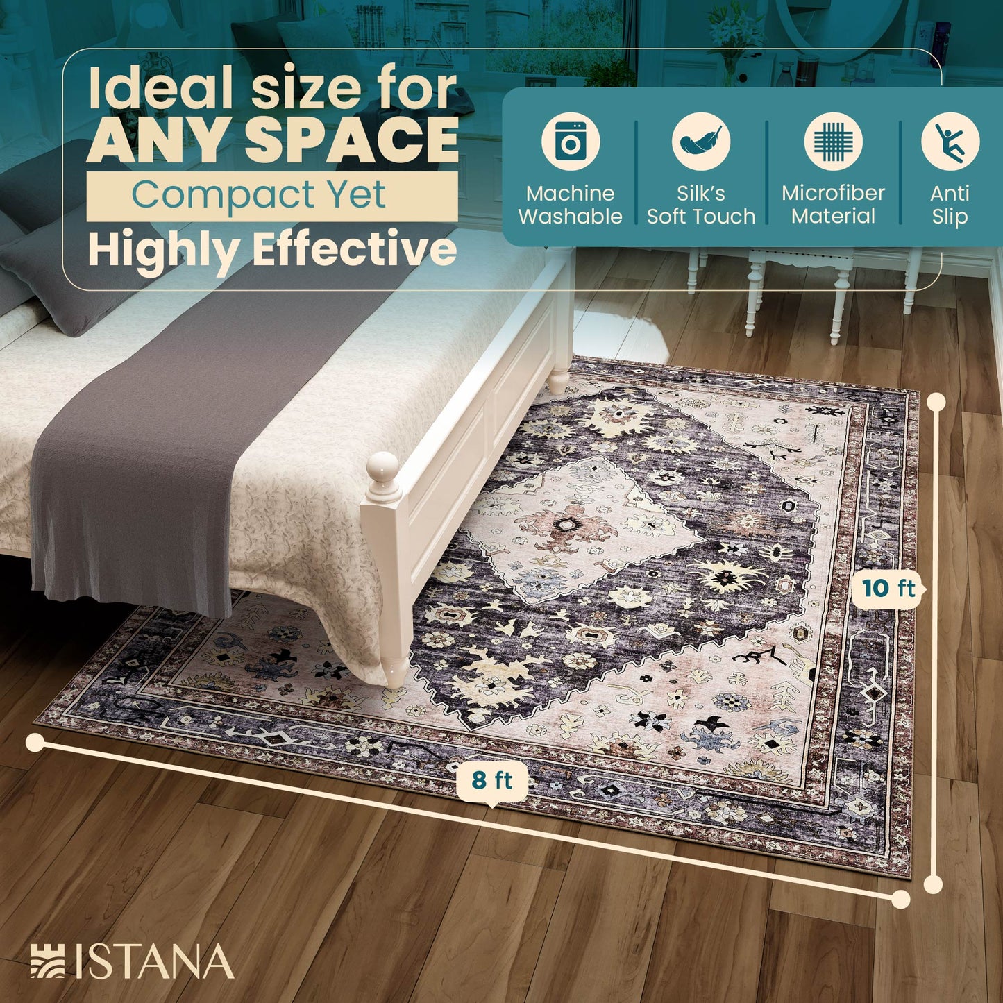 Istana Rugs 8x10 - Gray Beige Bedroom Rug - Foldable Area Rug 8x10