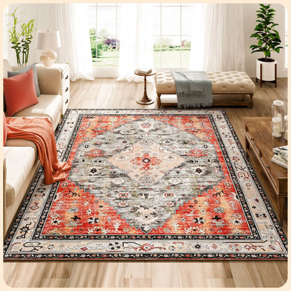 Istana Rugs 8x10 - Red & Teal Rug - Pet Friendly Area Rugs 8x10