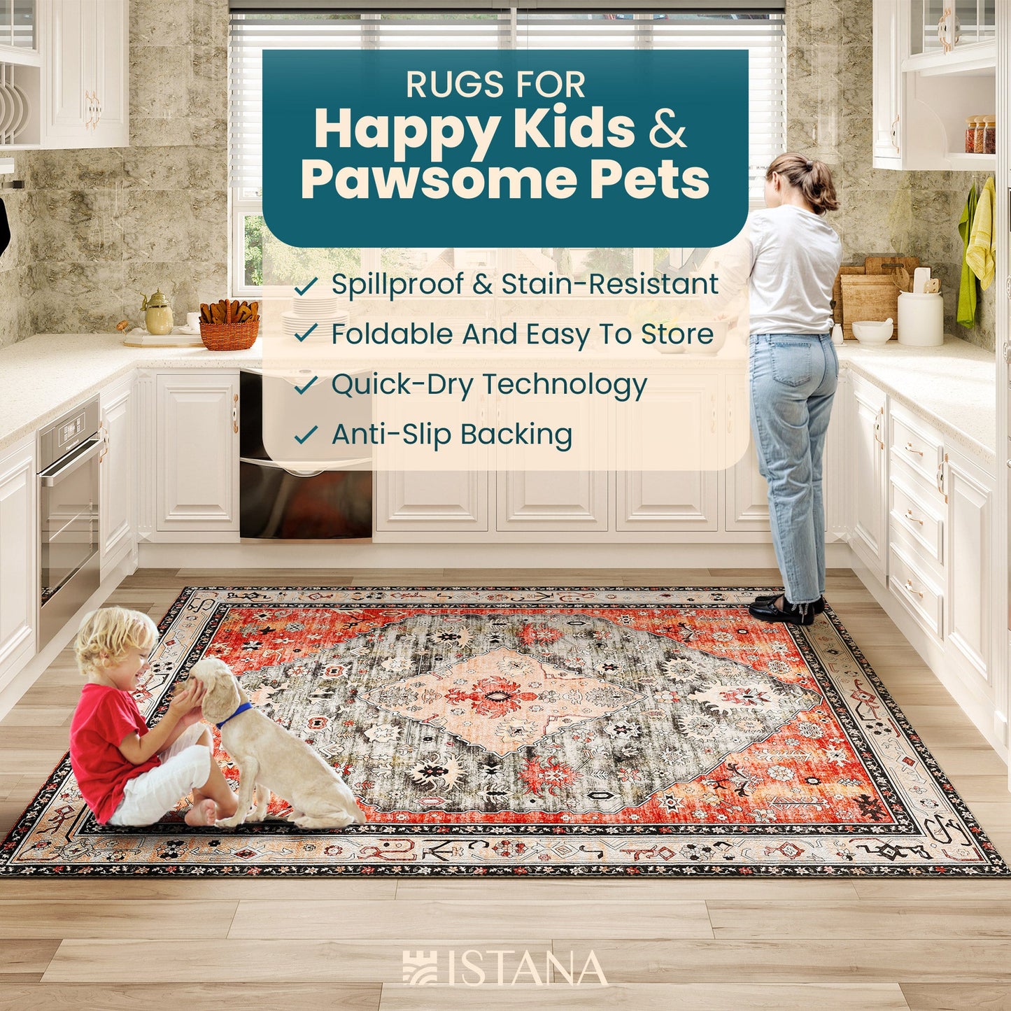 Istana Rugs 8x10 - Red & Teal Rug - Pet Friendly Area Rugs 8x10