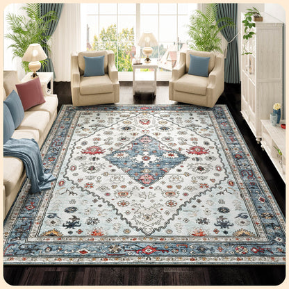 Istana 9 X 12 Rug - Cream Blue Area Rug - Foldable Machine Washable Area Rugs