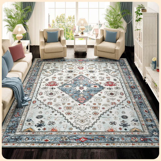 Istana 9 X 12 Rug - Cream Blue Area Rug - Foldable Machine Washable Area Rugs