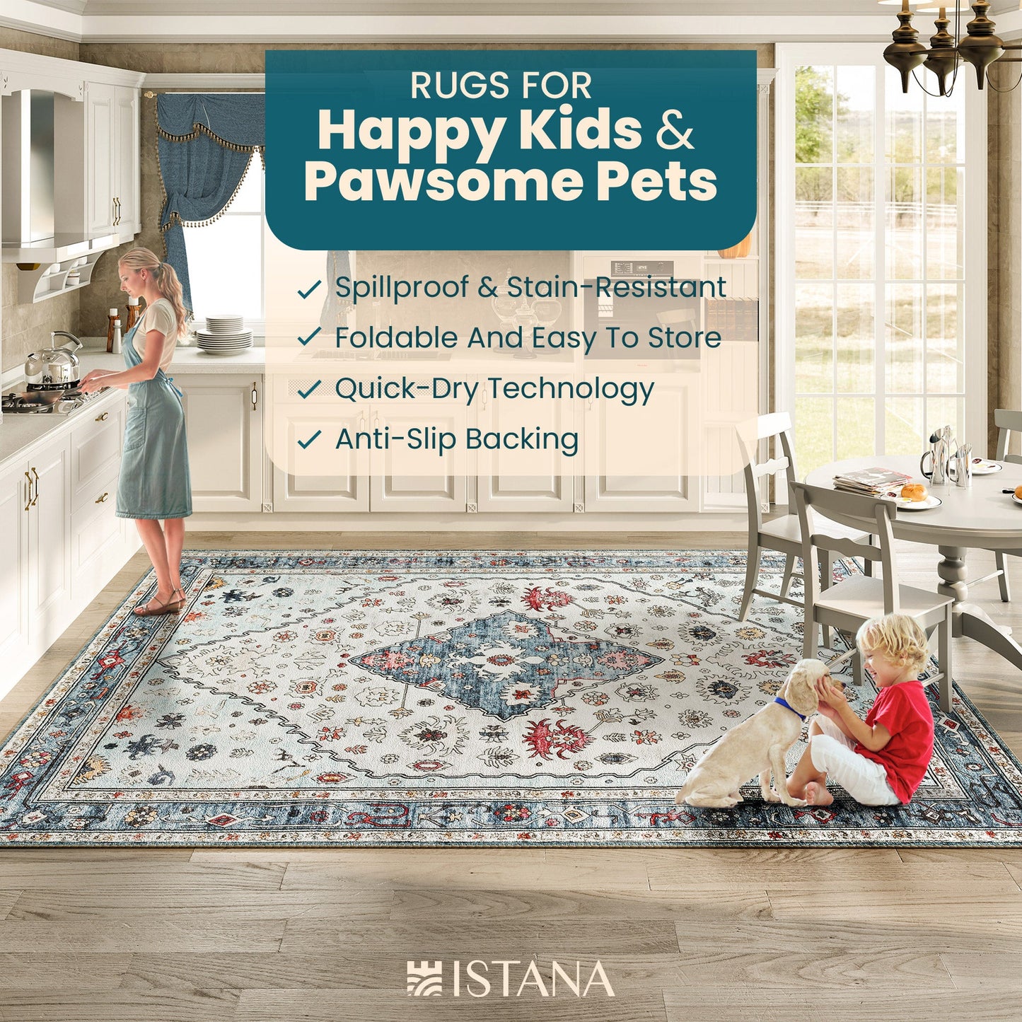 Istana 9 X 12 Rug - Cream Blue Area Rug - Foldable Machine Washable Area Rugs