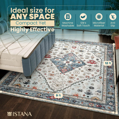 Istana 9 X 12 Rug - Cream Blue Area Rug - Foldable Machine Washable Area Rugs