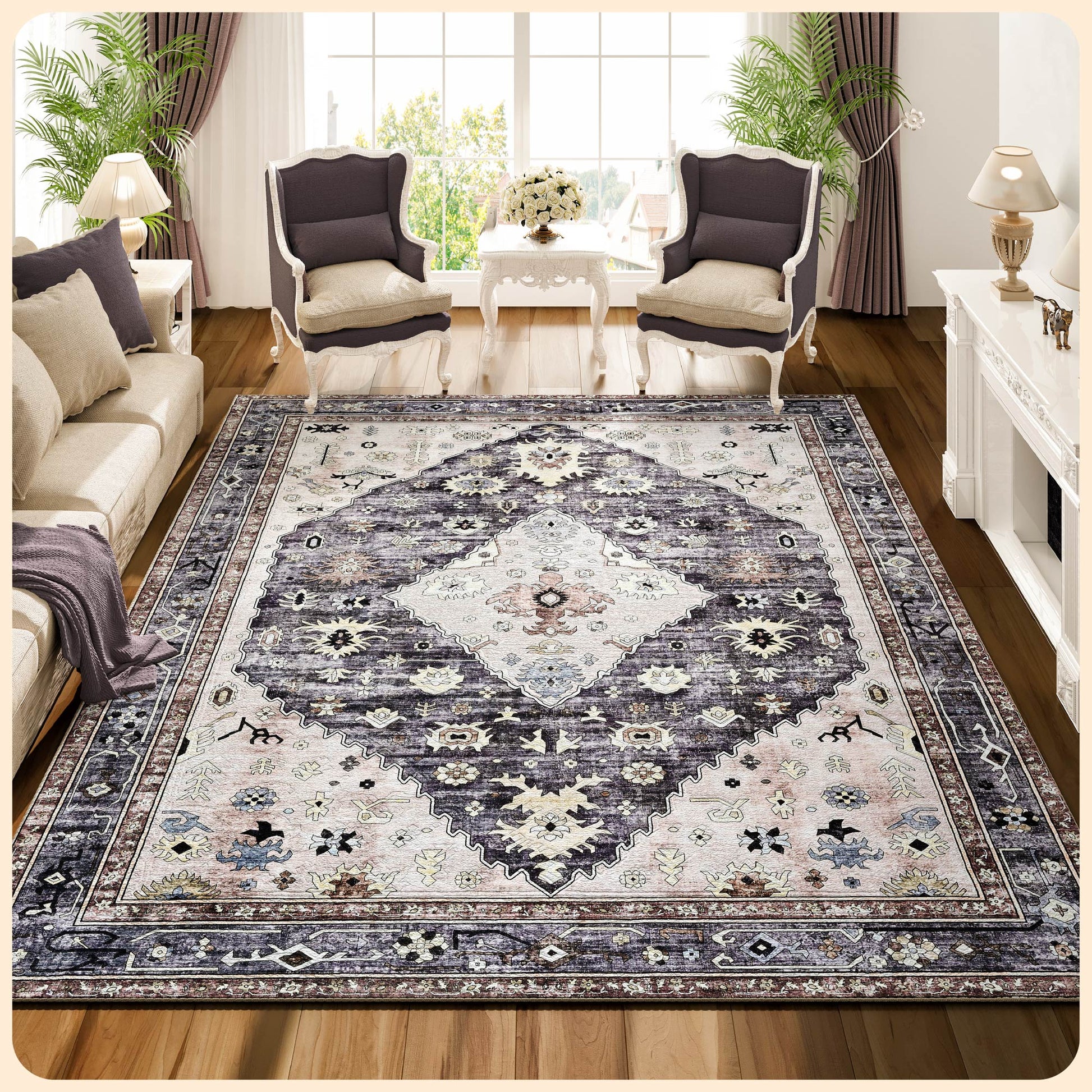 Istana Area Rugs 9x12 - Beige Grey Rugs for Bedroom - Foldable Big Rug