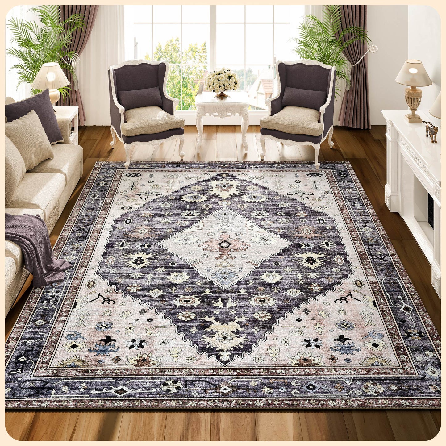 Istana Area Rugs 9x12 - Beige Grey Rugs for Bedroom - Foldable Big Rugs for Bedroom