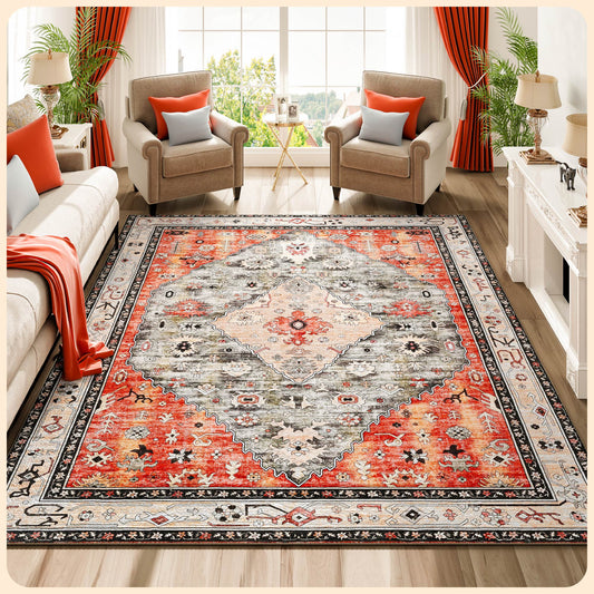 Istana Rugs 9x12 - Red Teal Area Rug - Foldable Plush Area Rugs 9x12 Living Room