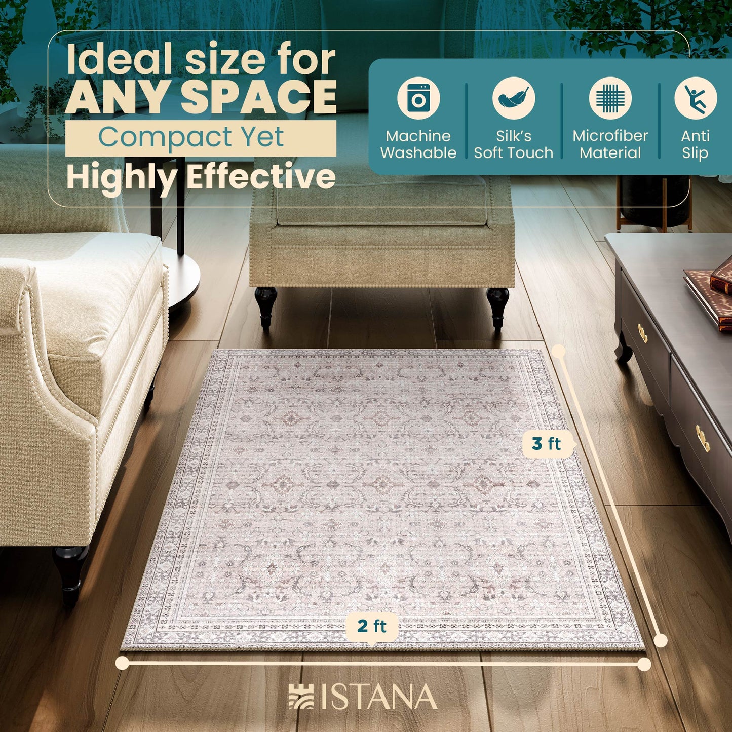 Istana 2x3 Rugs - Beige & Grey Area Rug - Foldable Washable 2x3 Rug