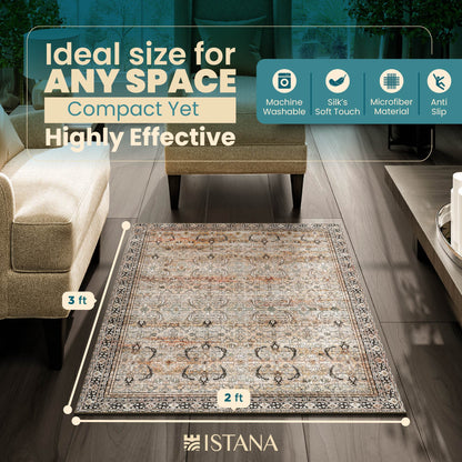 Istana 2x3 Rug - Charcoal Olive Bedroom Rug - Kid & Pet Friendly 2x3 Washable Rug Non Slip