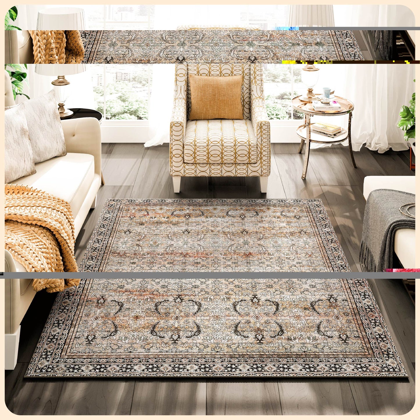 Istana Washable Rugs 3x5 - Charcoal Olive Bedroom Rug - Kid & Pet Friendly