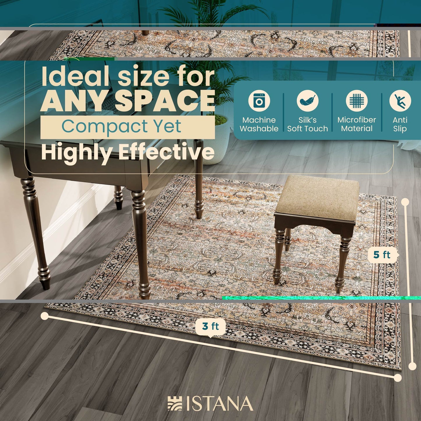 Istana Washable Rugs 3x5 - Charcoal Olive Bedroom Rug - Kid & Pet Friendly