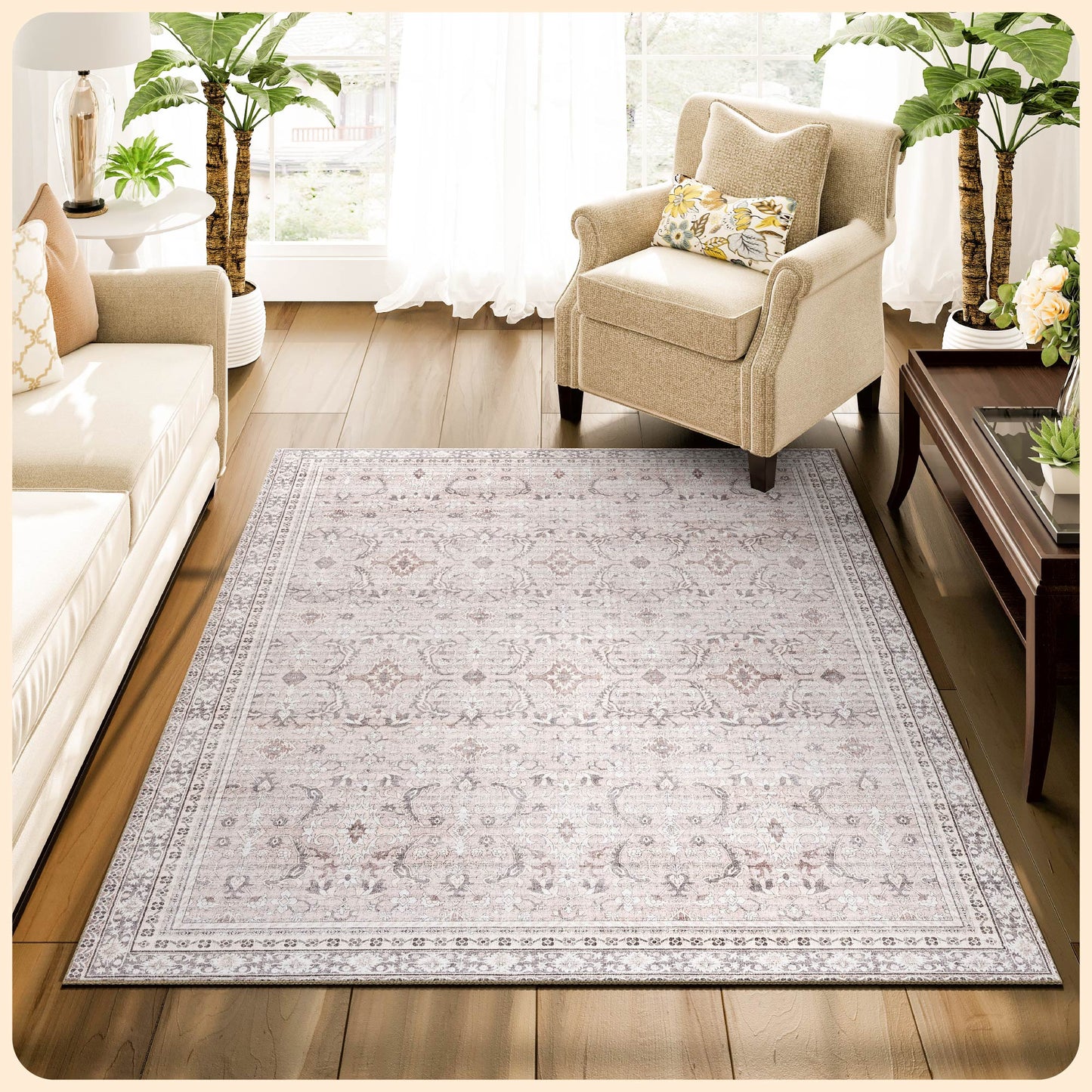 Istana 3 x 5 Area Rug - Beige & Grey Rugs for Bedroom - Kid & Pet Friendly