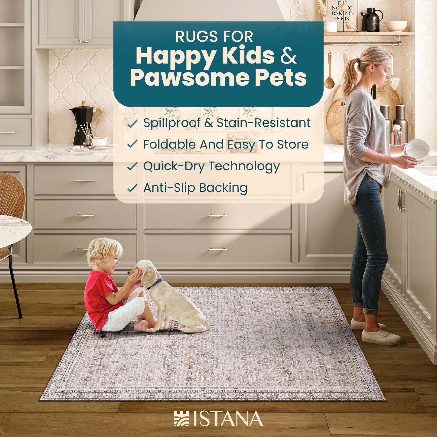 Istana 3 x 5 Area Rug - Beige & Grey Rugs for Bedroom - Kid & Pet Friendly