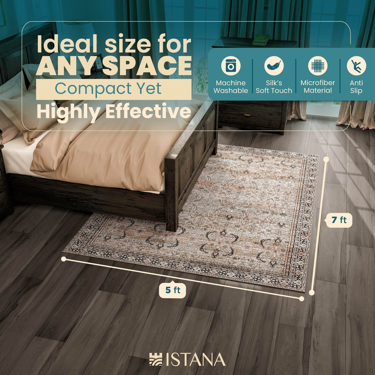 Istana Rugs 5x7 - Charcoal Olive Bedroom Rug - Foldable Living Room Rug