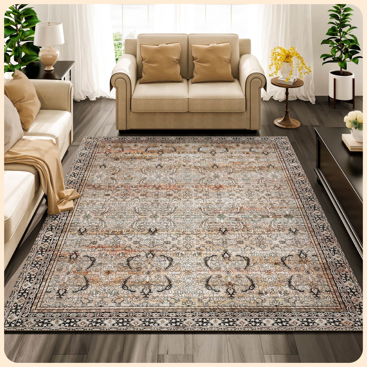 Istana Area Rugs 8x10 - Charcoal Olive Bedroom Rug - Foldable Washable Rugs 8x10