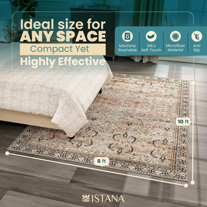 Istana Area Rugs 8x10 - Charcoal Olive Bedroom Rug - Foldable Washable Rugs 8x10