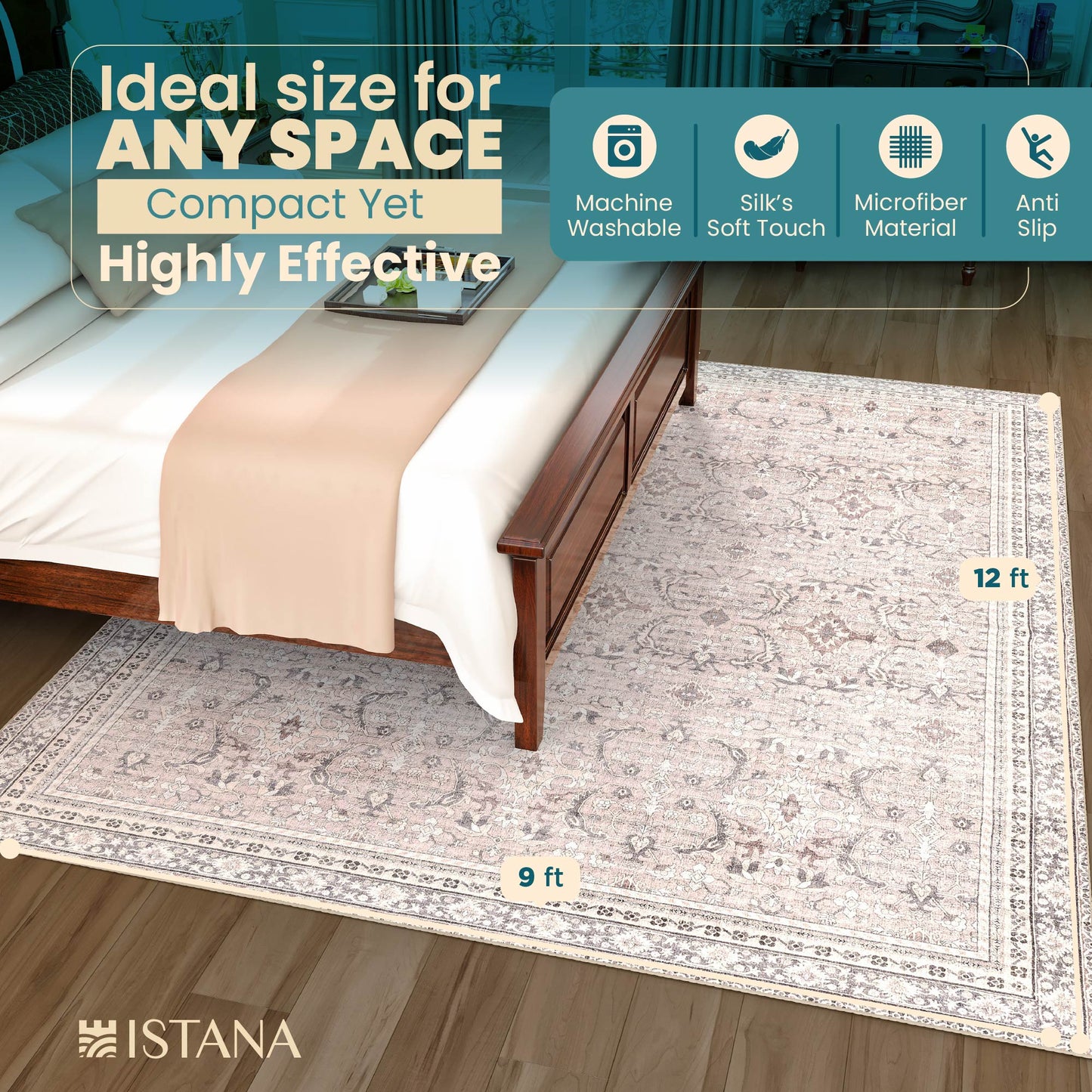 Istana Rugs 9x12 - Blush & Grey Rug - Foldable Carpet for Living Room