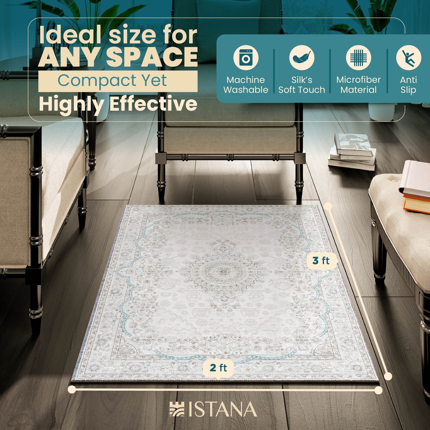 Istana 2x3 Rugs - Cream & Blue Area Rugs - Foldable Dining Room Rug