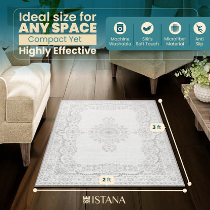 Istana Small Rug 2x3 - Grey Rugs for Living Room - Foldable 2x3 Washable Rug Non Slip