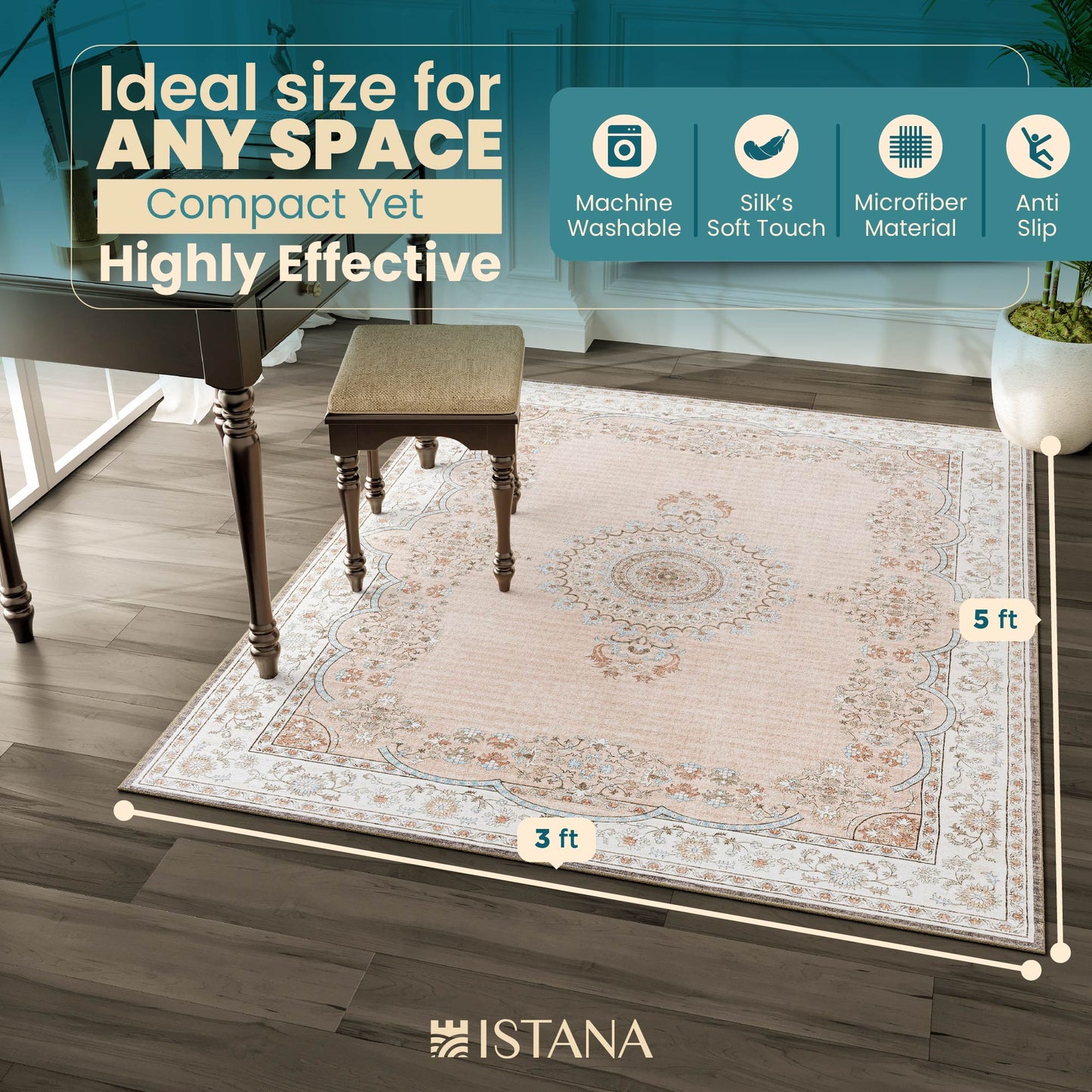 Istana Bedroom Rugs 3x5 - Beige Area Rugs - Kid & Pet Friendly Rugs 3x5 Non Slip