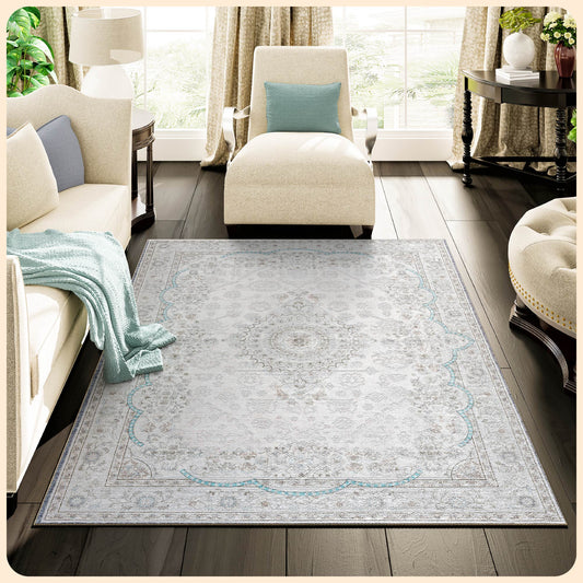 Istana Area Rug 3x5 Cream Blue - Kid & Pet Friendly Entry Rug - Non Shedding Family Room Rug