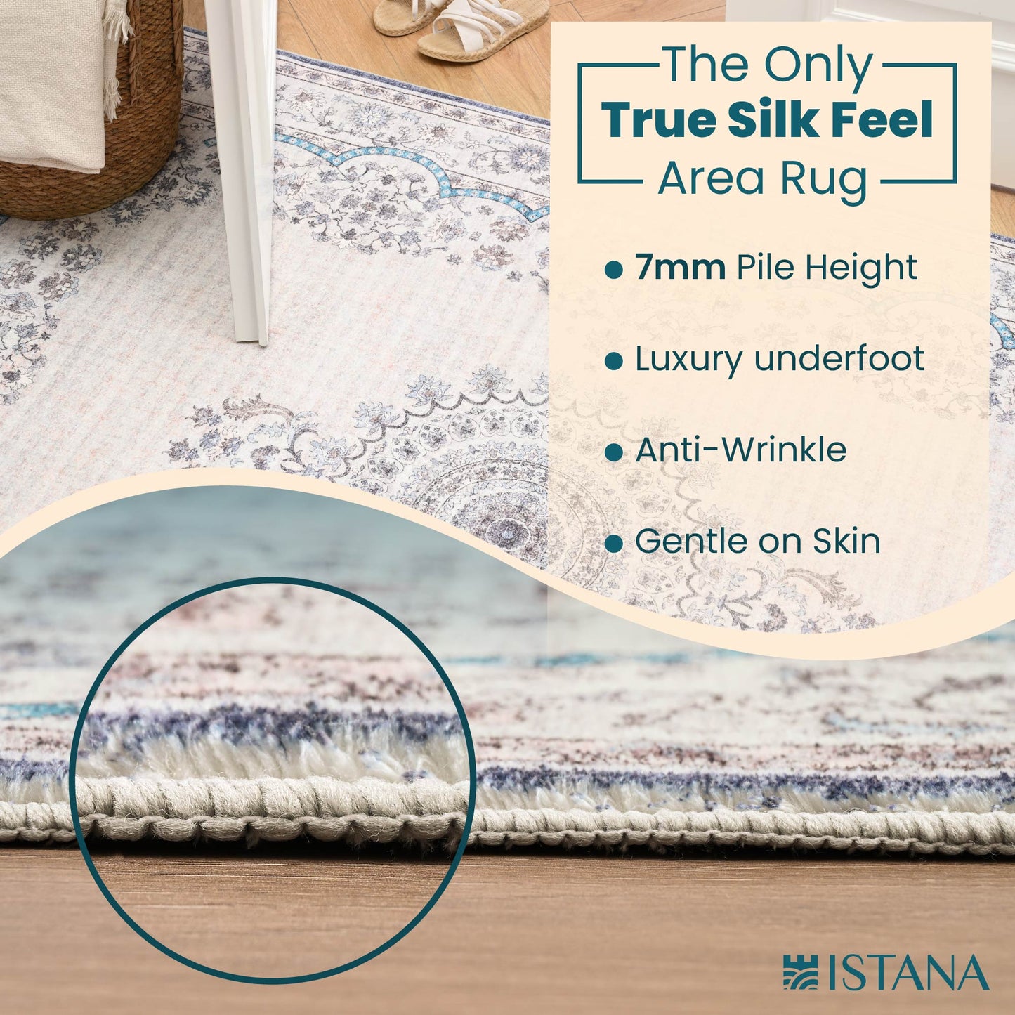 Istana Area Rug 3x5 Cream Blue - Kid & Pet Friendly Entry Rug - Non Shedding Family Room Rug