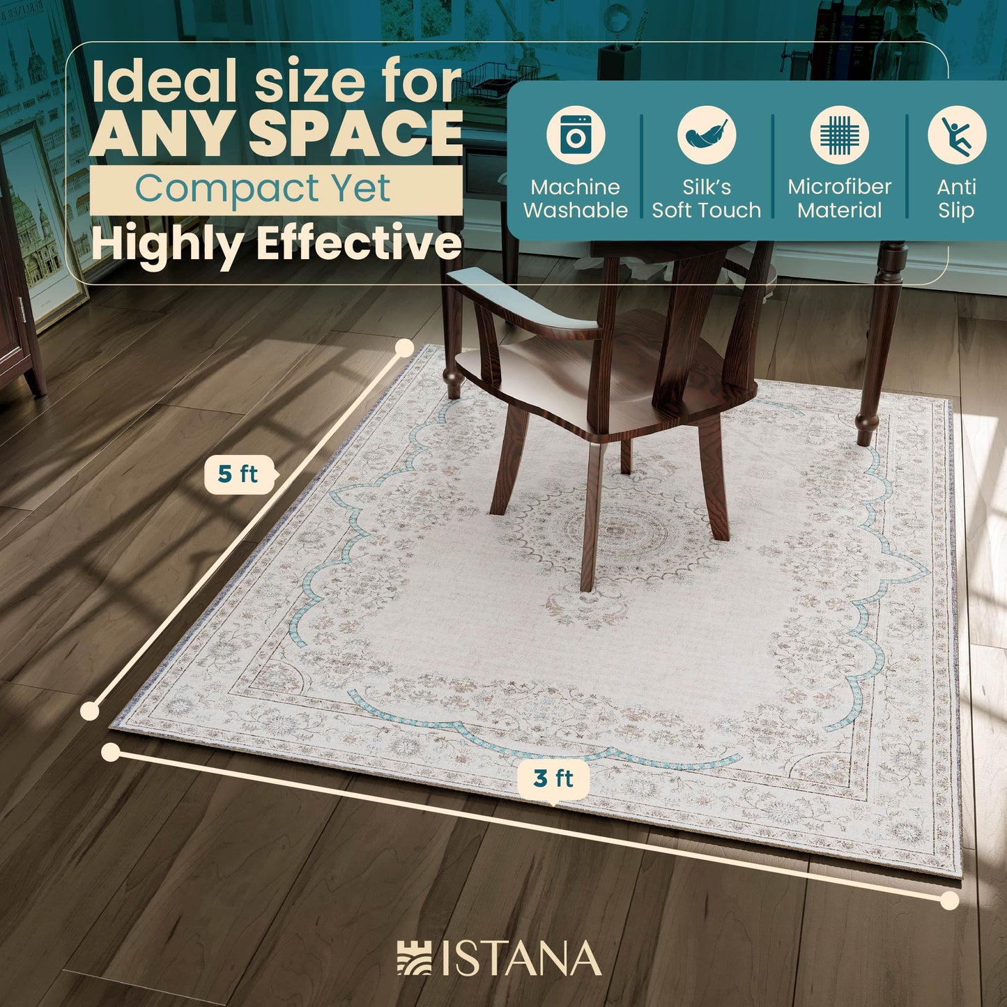 Istana Area Rug 3x5 Cream Blue - Kid & Pet Friendly Entry Rug - Non Shedding Family Room Rug