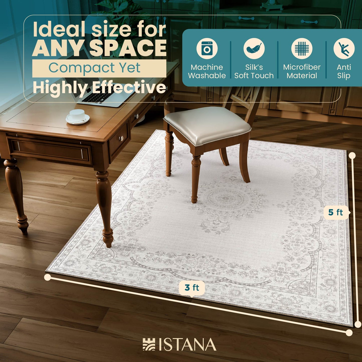 Istana Rug 3x5 - Grey Area Rug 3x5 - Kid & Pet Friendly Washable Rug 3x5