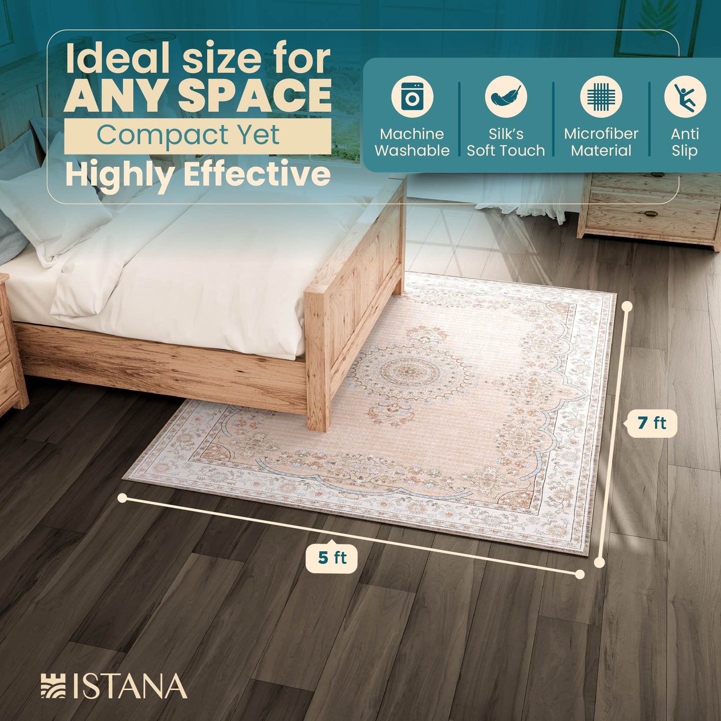 Istana 5 X 7 Rugs - Beige Area Rug - Kid & Pet Friendly Washable Rug 5x7