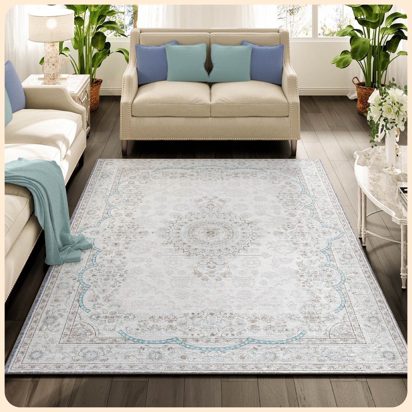 Istana Bedroom Rugs 5x7 - Cream & Blue Carpet - Kid & Pet Friendly Carpets for Living Room