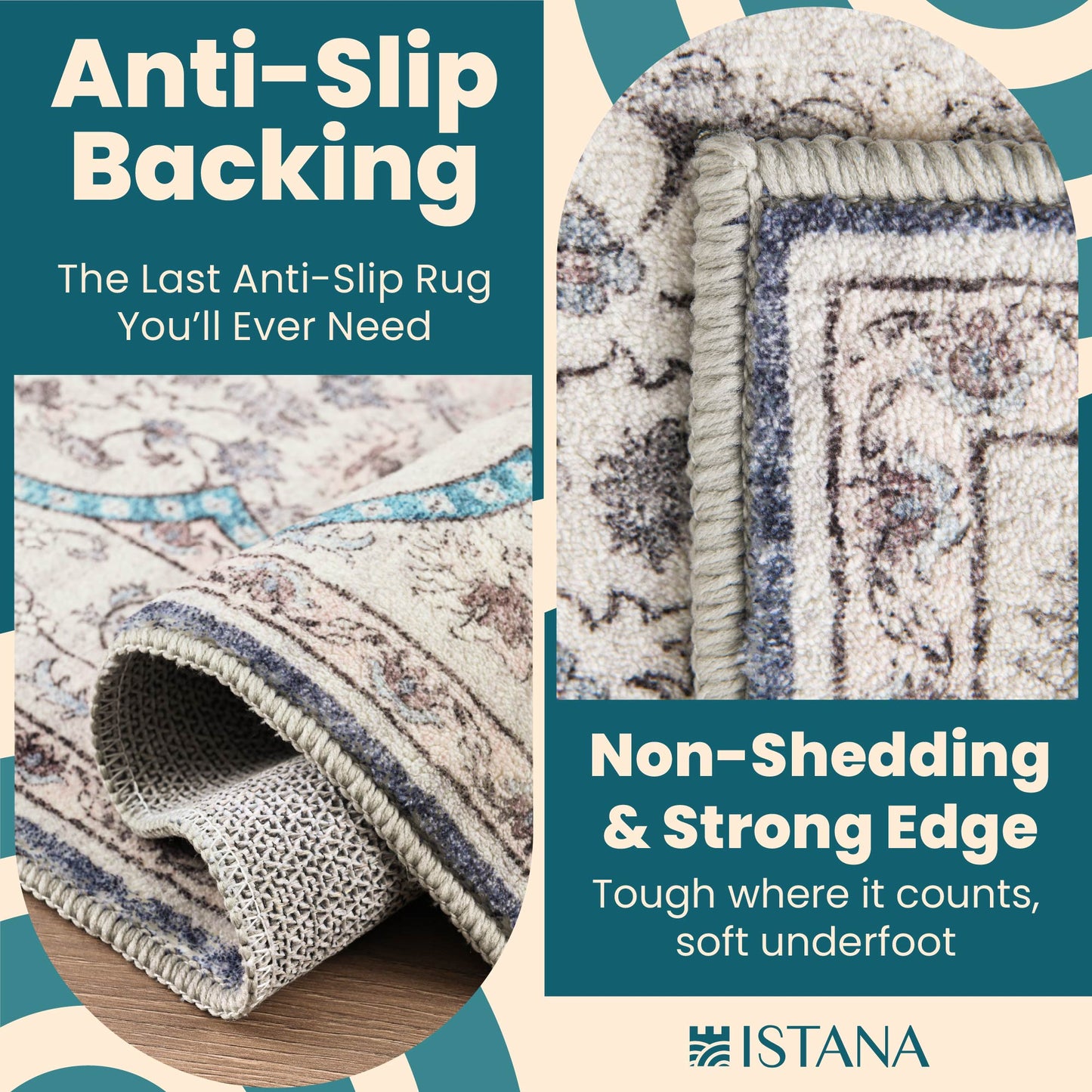 Istana Bedroom Rugs 5x7 - Cream & Blue Carpet - Kid & Pet Friendly Carpets for Living Room