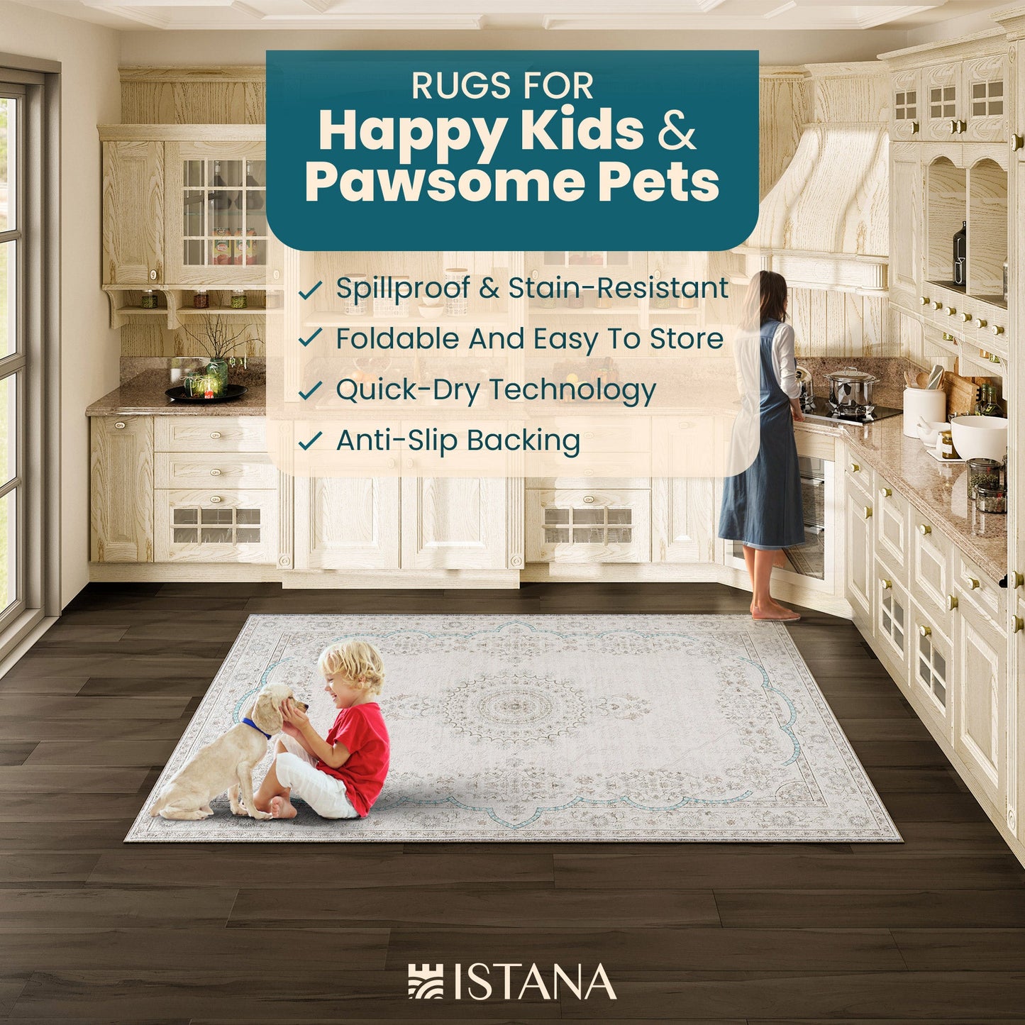 Istana Bedroom Rugs 5x7 - Cream & Blue Carpet - Kid & Pet Friendly Carpets for Living Room