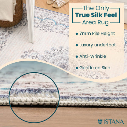 Istana Bedroom Rugs 5x7 - Cream & Blue Carpet - Kid & Pet Friendly Carpets for Living Room