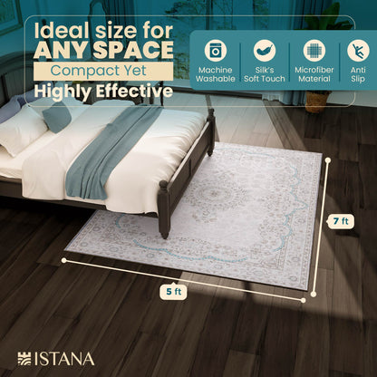 Istana Bedroom Rugs 5x7 - Cream & Blue Carpet - Kid & Pet Friendly Carpets for Living Room