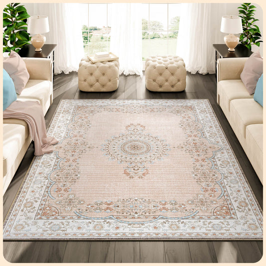 Istana Washable Area Rugs 8x10 - Beige Rug 8x10 - Foldable Farmhouse Rugs for Living Room