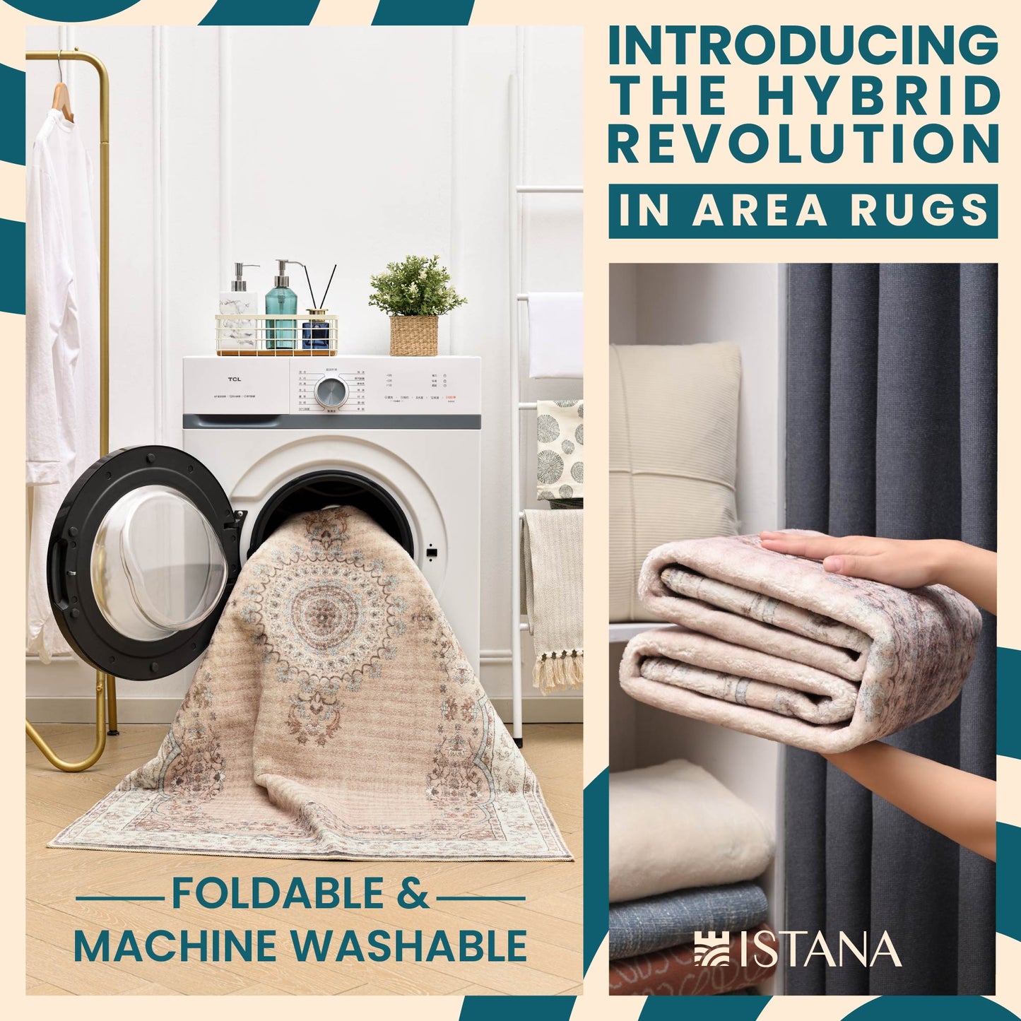 Istana Washable Area Rugs 8x10 - Beige Rug 8x10 - Foldable Farmhouse Rugs for Living Room