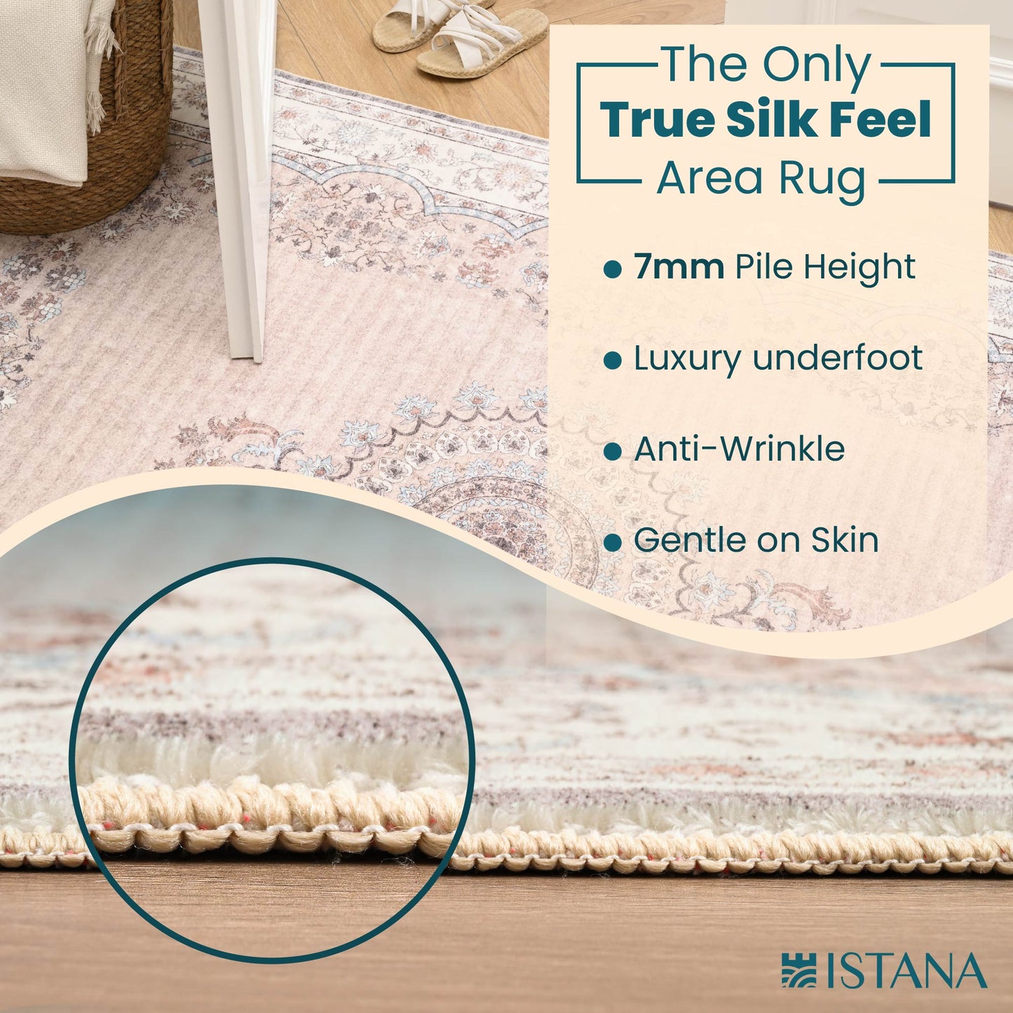 Istana Washable Area Rugs 8x10 - Beige Rug 8x10 - Foldable Farmhouse Rugs for Living Room