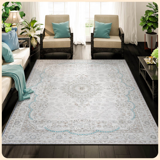 Istana 8x10 Area Rugs - Blue & Cream Area Rugs 8x10 - Foldable Machine Washable Rug 8x10