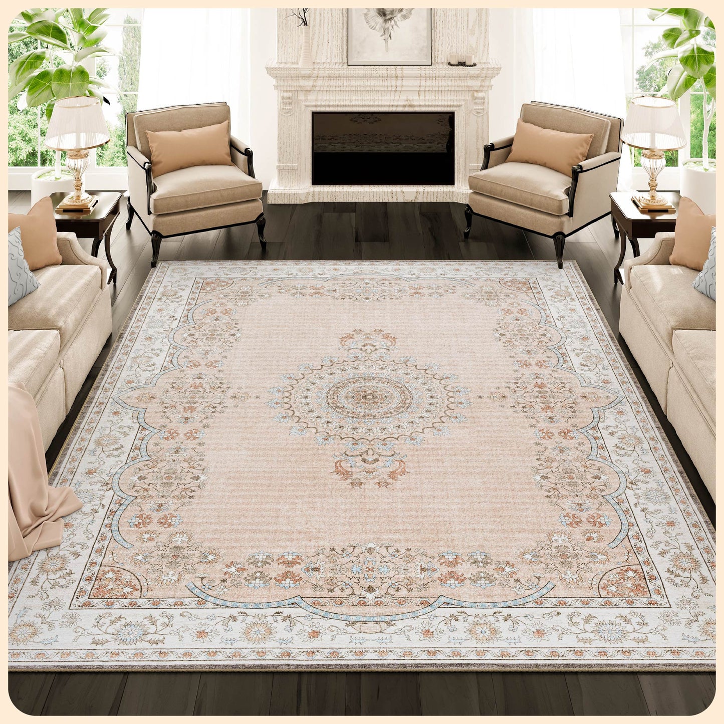 Istana Bedroom Rugs 9x12 - Beige Area Rugs - Foldable Big Rugs for Living Room