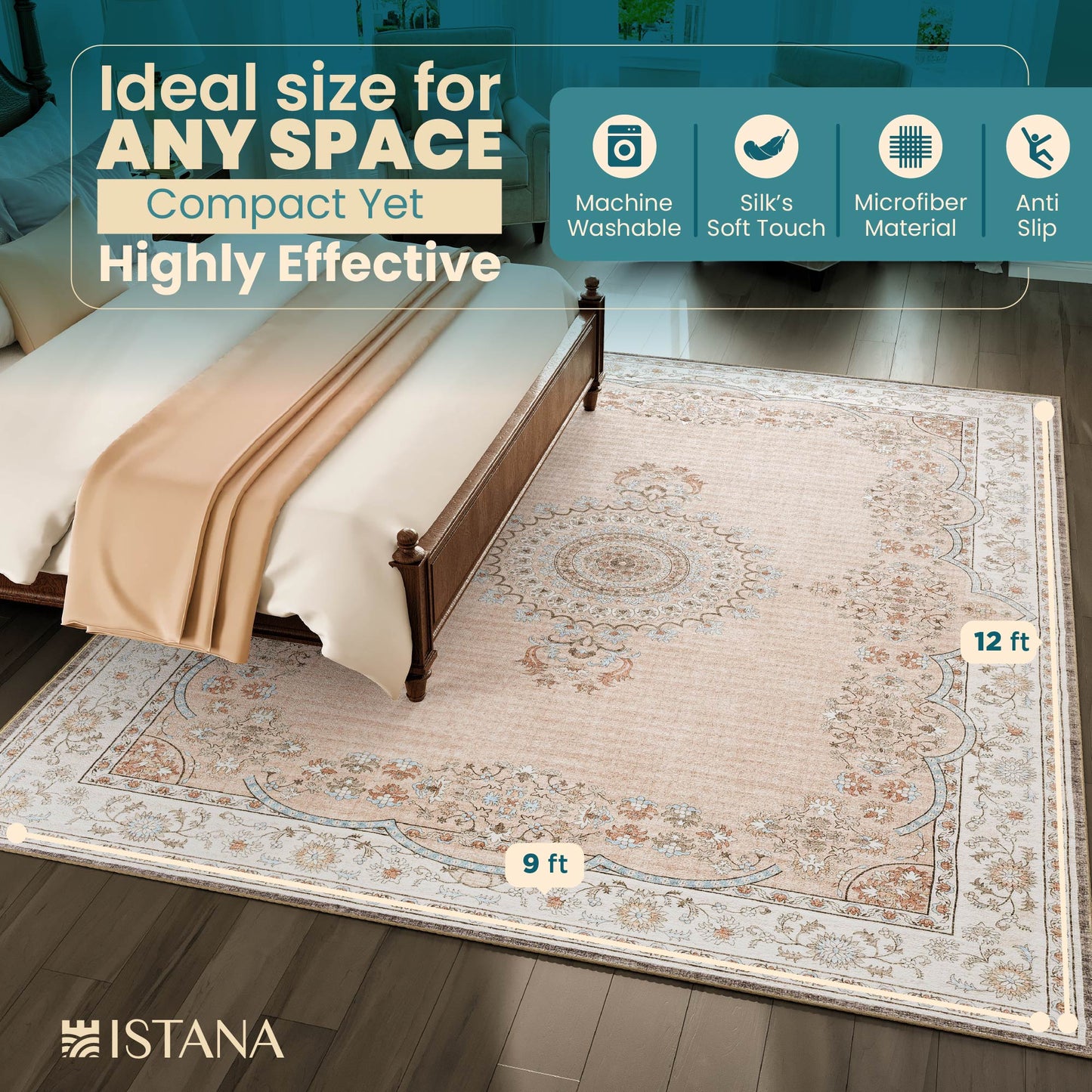 Istana Bedroom Rugs 9x12 - Beige Area Rugs - Foldable Big Rugs for Living Room