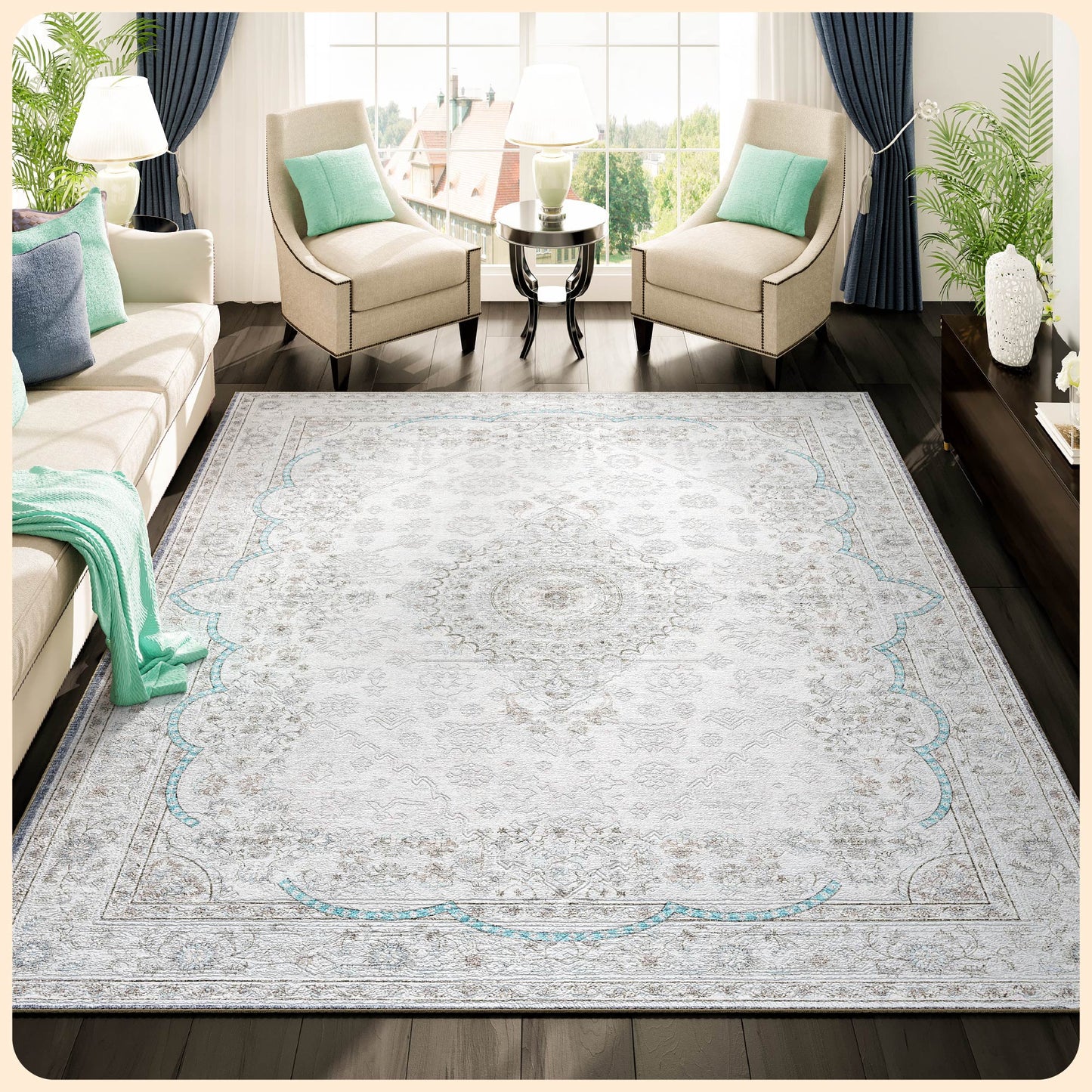 Istana 9x12 Area Rug - Cream & Blue Area Rugs - Foldable Washable Area Rugs 9x12 Living Room