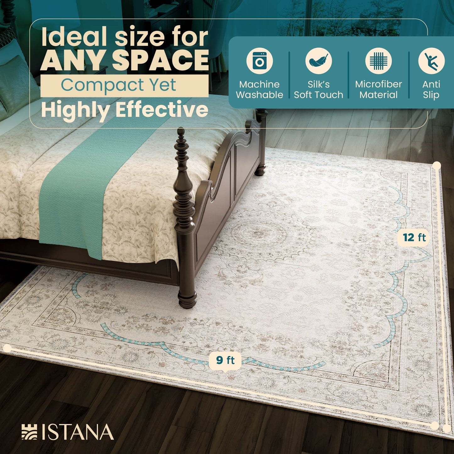 Istana 9x12 Area Rug - Cream & Blue Area Rugs - Foldable Washable Area Rugs 9x12 Living Room