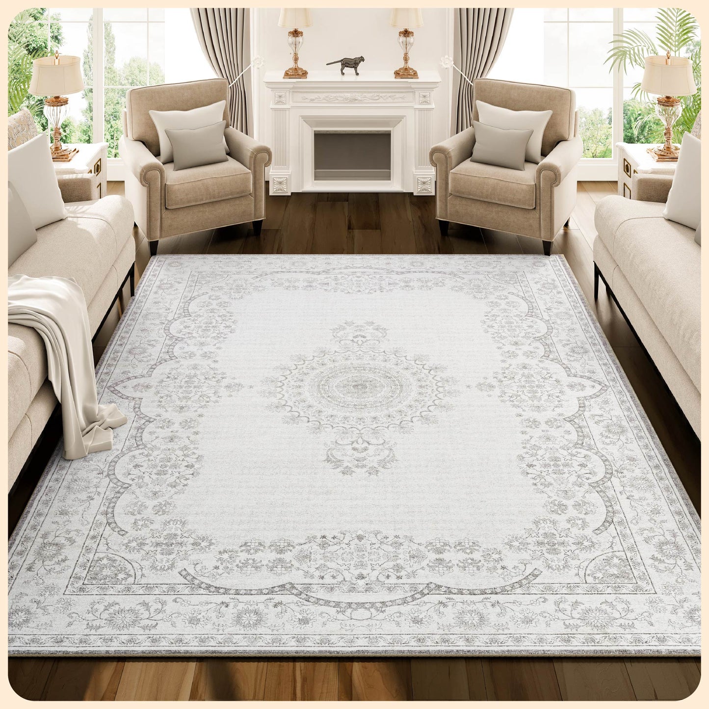 Istana Boho Area Rug - Grey Carpet - Foldable 9x12 Washable Rug